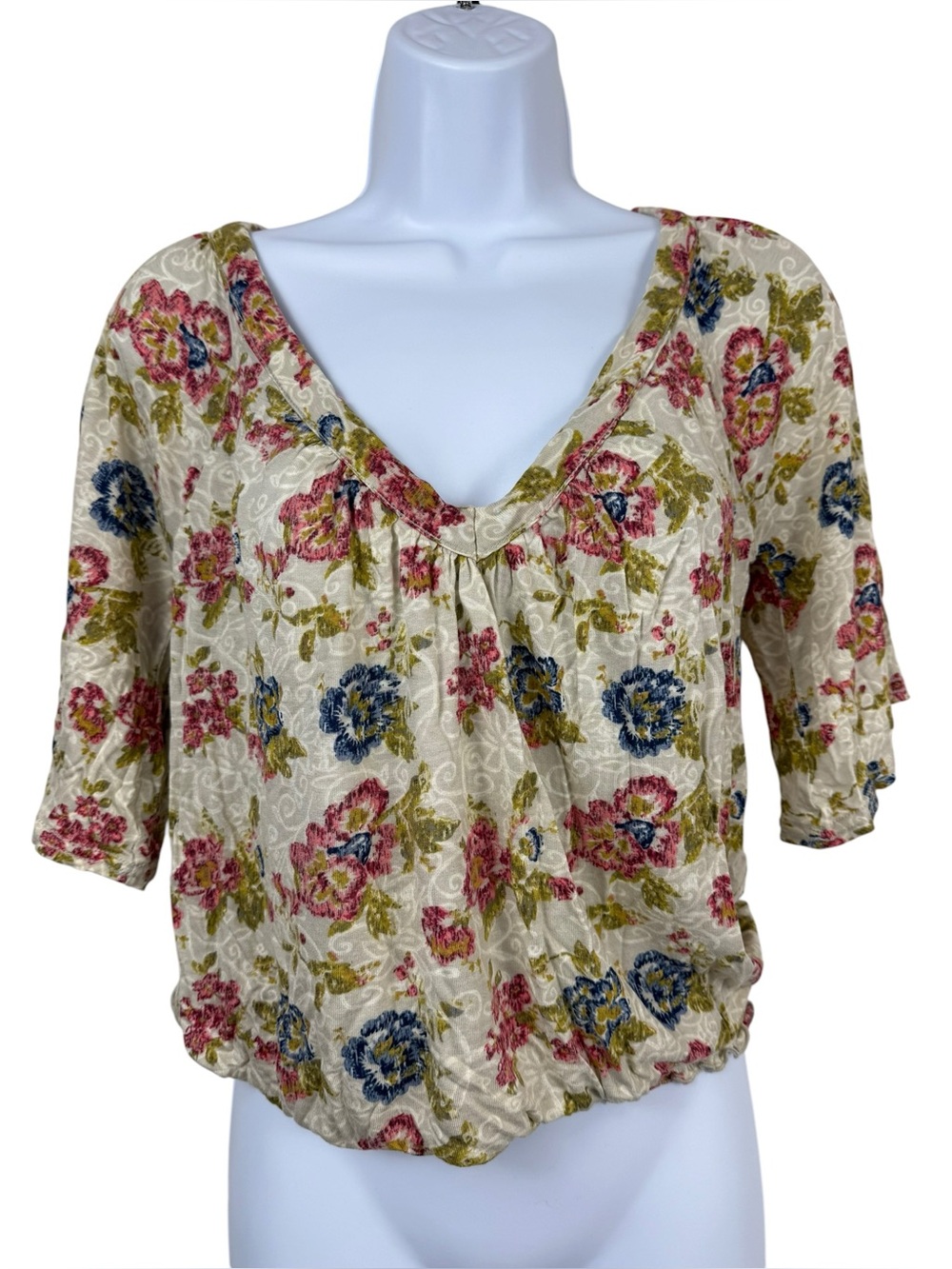 Mudd Top Womens Medium Blue Red Rose Floral Y2K Peasant Blouse Boho Hippie